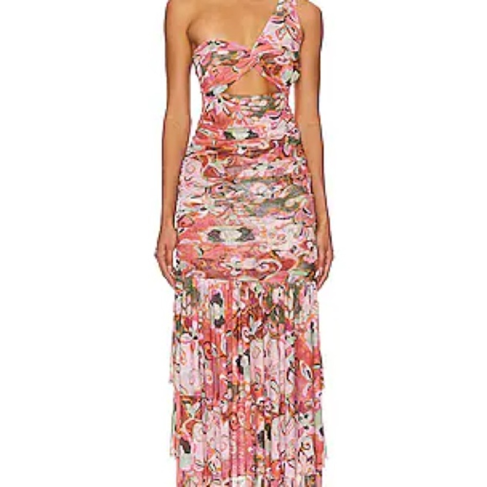 Misa Los Angeles Pink and Orange Ruched One Shoulder Dress